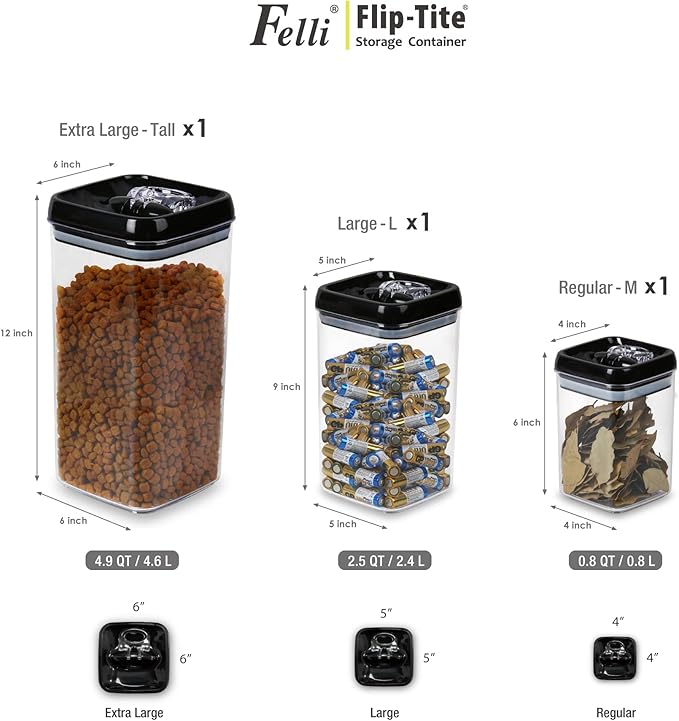 Felli Flip Tite Storage Container with Lid 6" XL Air Tight Ring Lock Top, Clear Acrylic Canister Set for Kitchen, Pet Cat Dog Food Treats, 5 lb Flour Sugar Pantry Organizer (Nest-L, Black)