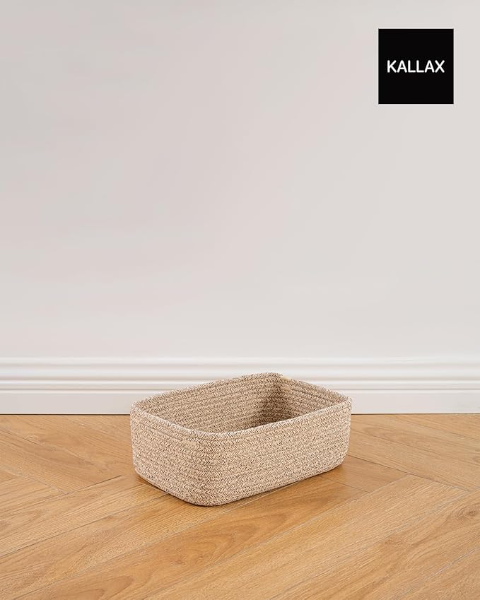 Small Woven Basket, 12 x 8 x 4.5 Inches, Storage Basket for Organizing, Cute Small Rope Shelf Closet Cube Storage Bins Baskets for Shelves, Dog Toy Gift Baskets Empty, 3 Packs, Mixed Brown