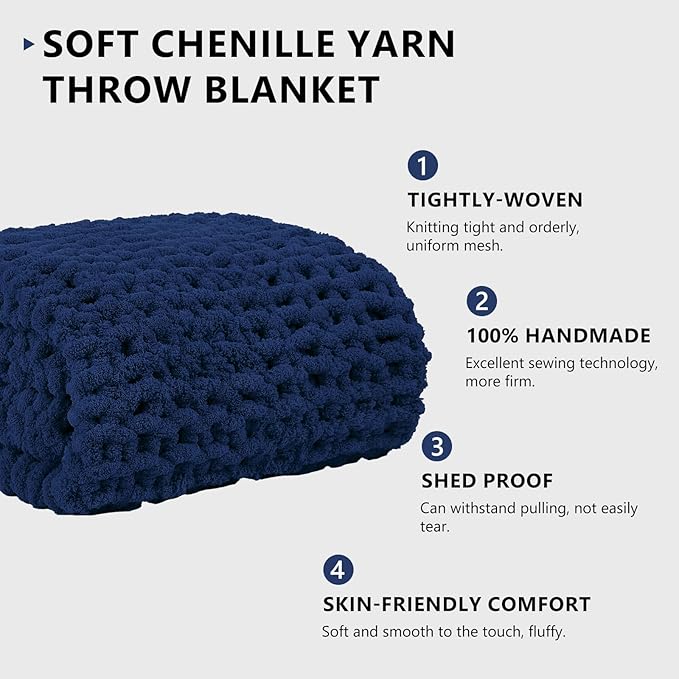 L'AGRATY Chunky Knit Blanket Throw - Soft Chunky Throw Blanket 50x60: 100% Hand Kintted Chenile Crochet Throw Blanket for Couch - Large Cable Knit Chunky Blanket for Home Decor(Dark Blue)