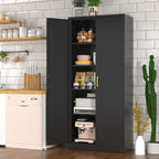 71" Tall Kitchen Pantry Cabinet, Pantry Storage Cabinet with Doors and Shelves, Metal Food Pantry Cabinets with Handles, Black Freestanding Cupboard for Living&Dining Room-Assemble Required