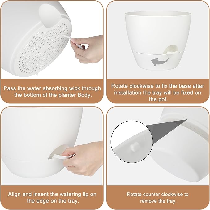 Plant Pots 12/10/9 Inch Self Watering Pots, Set of 3 Plastic Planters with Drainage Holes and Saucers,Plastic Flower Pots,Nursery Planting Pot for Indoor Out Door Plants(Pure White)