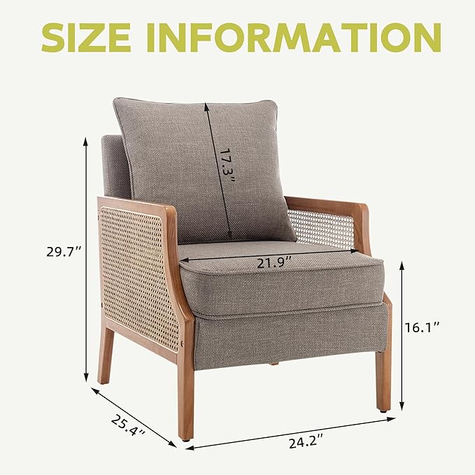 HAOBO Home Mid Century Modern Accent Chair Upholstered Living Room Chairs Armchair with Rattan Armrest Comfy Reading Chair with Wood Frame Lounge Side Chair with Waist Cushion Set of 2