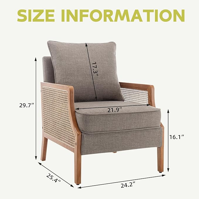 HAOBO Home Mid Century Modern Accent Chair Upholstered Living Room Chairs Armchair with Rattan Armrest Comfy Reading Chair with Wood Frame Lounge Side Chair with Waist Cushion