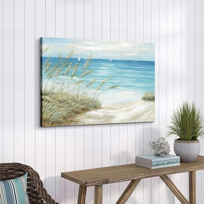 cozy country Coastal Wall Art 45"x30" - Beach Pictures Ocean Canvas Decor - Nautical Artwork Seascape Hand Painting for Living Room, Sea House