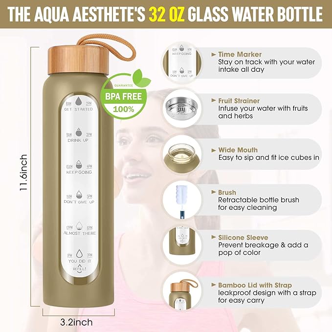 Aqulea Glass Water Bottles with Silicone Sleeve - BPA Free Reusable Wide Mouth Glass Motivational Water Bottles with Fruit Infuser – Leak Proof Borosilicate Water Bottle with Time Marker