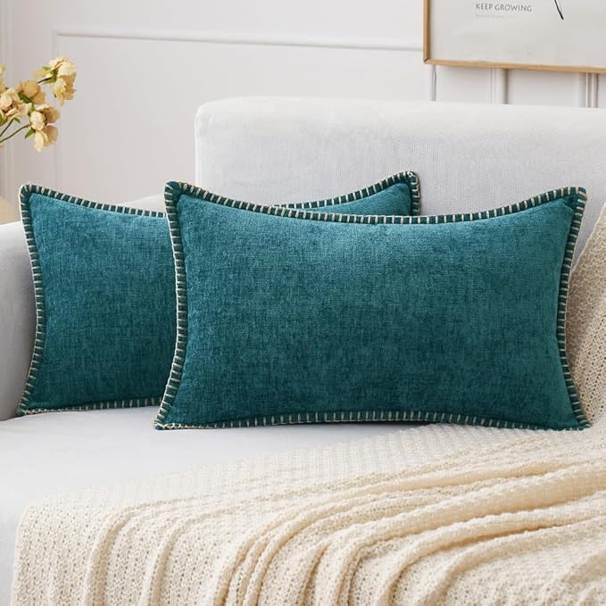 MIULEE Pack of 2 Couch Throw Pillow Covers 12x20 Inch Dark Teal Farmhouse Decorative Pillow Covers with Stitched Edge Soft Chenille Solid Dyed Spring Pillow Covers for Sofa Bed Living Room