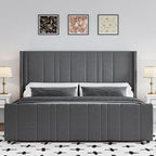 King Size Bed Frame and Headboard, Modern Velvet Upholstered Bed Frame with Vertical Channel Tufted Headboard & Footboard, Soft Bed Frame King, Noise Free, No Box Spring Needed, Easy Assembly, Grey