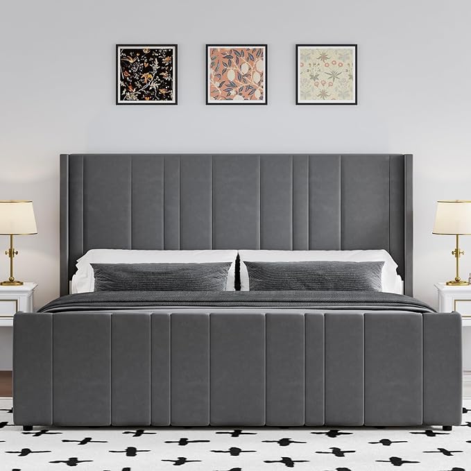 King Size Bed Frame and Headboard, Modern Velvet Upholstered Bed Frame with Vertical Channel Tufted Headboard & Footboard, Soft Bed Frame King, Noise Free, No Box Spring Needed, Easy Assembly, Grey