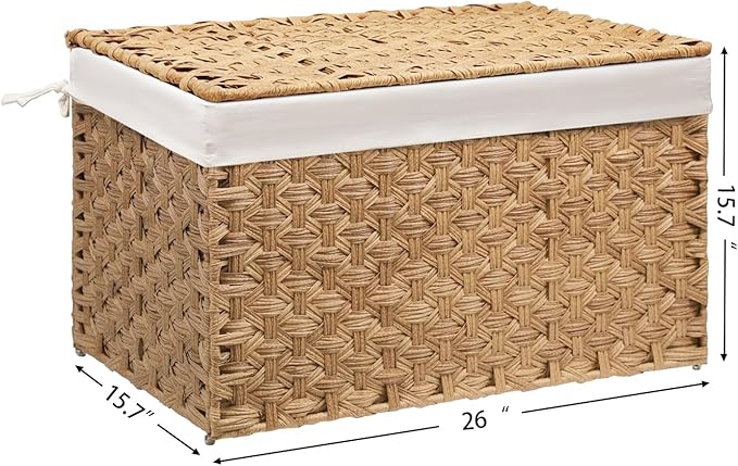 Wicker Storage Basket with Lid, 27.7 Gallon (105L) Large Blanket Basket with Lid, Woven Storage Bin with Handles, Removable Liner, Metal Frame, Foldable, for Bedroom, Laundry Room, Natural