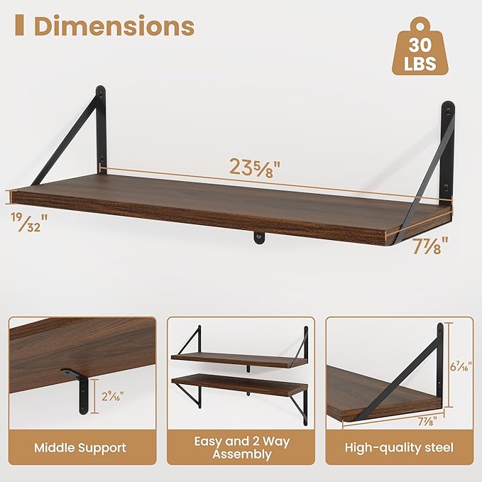 Heimlove Floating Shelves for Wall 24 Inches,8 Inches Deep Wall Bookshelf Mounted Display&Storage Wood Shelves for Kitchen Bathroom Laundry Living Room,Set of 3 (Walnut Color)