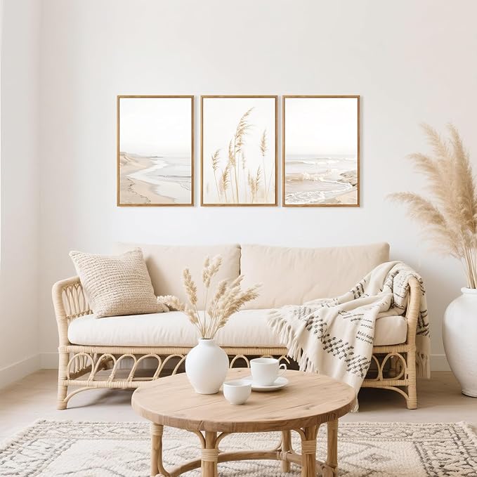 HPNIUB Modern Beach Artwork Seascape Wall Art, Seaside Framed Painting Reed Pathway Picture, Minimalist Neutral Coastal Landscape Wall Decor for Living Room,Bathroom -16'' x24'' x3