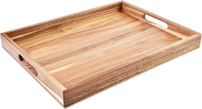 Acacia Wood Serving Tray with Handles (17 Inches) – Decorative Serving Trays Platter for Breakfast in Bed, Lunch, Dinner, Appetizers, Patio, Ottoman, Coffee Table, BBQ, Party –Great for Lap &Couch