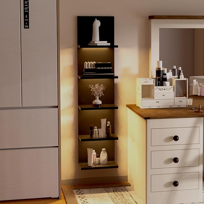 5 Tier Wall Shelf Unit, Black Modern Vertical Lack Wall Shelves with Light, Wall Mount, Floating Column Home Decor Shelves for Bedroom, Living Room, Vanity Storage Display