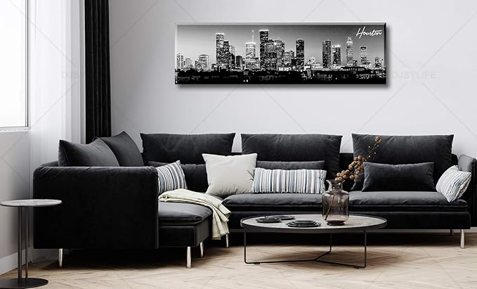 DJSYLIFE Houston Skyline Canvas Wall Art Decor Black & White City Pictures Painting Texas Cityscape Photo Print Artwork for Office Bedroom Living Room Walls Decoration Ready to Hang 13.8"x47.3"