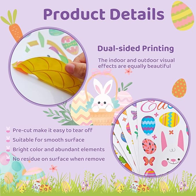 DC-BEAUTIFUL 184 PCS Easter Window Clings, 9 Sheets Double Sided Bunny Egg Easter Decoration Window Stickers, Reusable Static Holiday Window Decals for Home Office School Shop Spring Party Decors