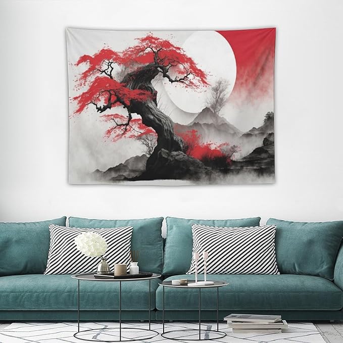 Cherry Blossoms Tapestry, Japanese Red Landscape Asian Abstract Art, Bedroom Living Room Decor 40"x30"