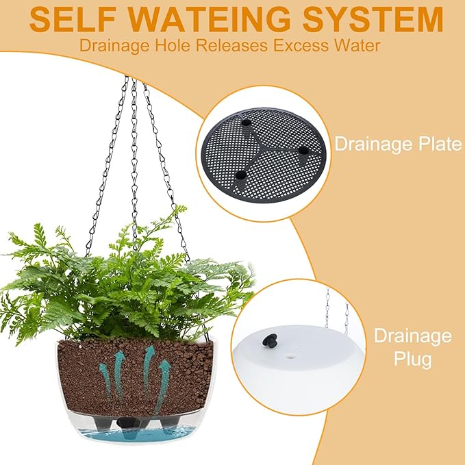 2 Packs Hanging Planters Basket for Outdoor Plants, Solar Powered Self Watering White Round Plastic Flower Pots with Drainer for Balcony Patio Garden Outdoor Decoration