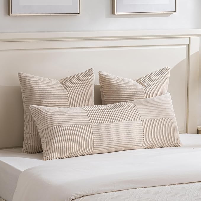 Fancy Homi 2 Packs Tan Big Decorative Throw Pillow Covers 24x24 Inch for Living Room Couch Bed Sofa, Farmhouse Boho Home Decor, Soft Corss Corduroy Patchwork Accent Square Beige Cushion Case 60x60 cm