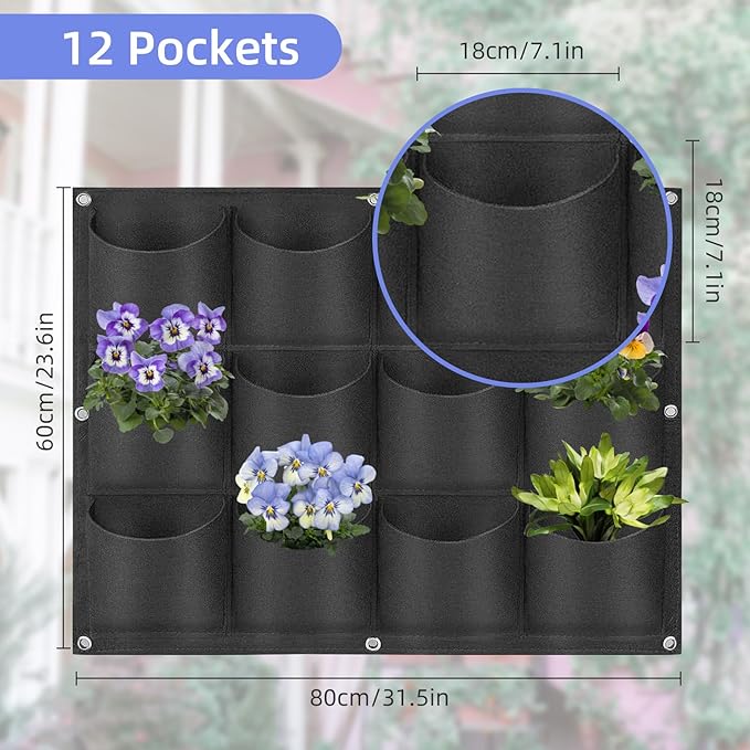 12 Pockets Hanging Planter Bags, Hanging Vertical Wall Mounted Plant Planting Grow Bags, Herb Garden Planter Outdoor Indoor Growing Bag, Gardening Vertical Greening Flower Container(0.6m×0.8m, Black)