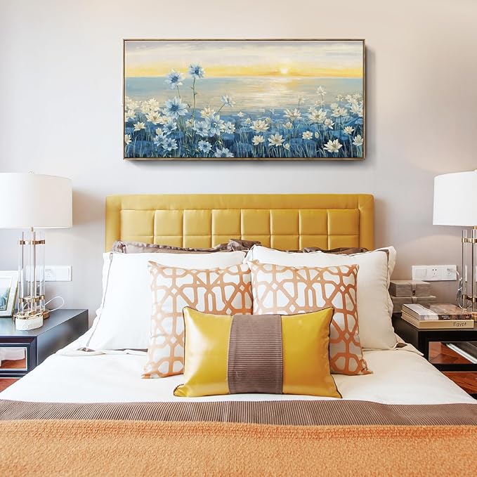 Large Wall Art for Living Room Modern Framed Coastal Beachy Canvas Wall Art Big Floral Sunrise Blue Wall Picture Oversized Lake Nature Sunset Artwork for Office Bedroom Decor