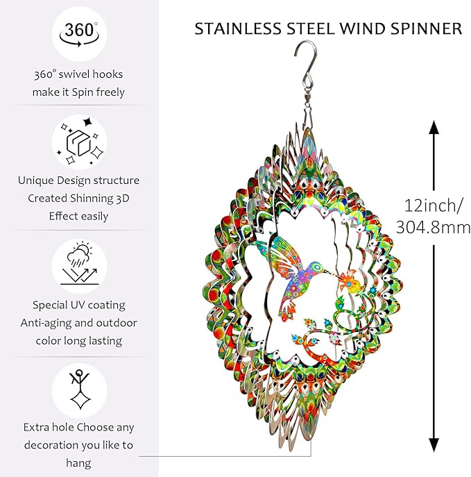 Hummingbird Wind Spinner for Yard and Garden,12in 3D Wind Spinner Hummingbird Gift for Women/Mother/Father/Men,Hanging Bird Wind Catchers Kinetic Yard Art Ornaments Outdoor Wind Sculptures