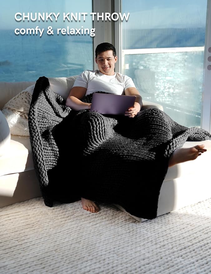 YnM Chunky Throw Blanket, Medium-Weight, Hand Knitted, Skin Friendly, Ventilated and Breathable, Machine Washable, Home Décor Piece for Couch, Sofa and Bed (Black, 40x50 Inch)