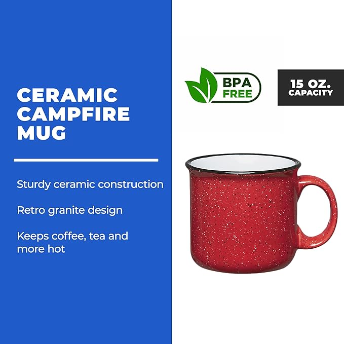 Set of 16 Ceramic Campfire Mugs – 15 Oz, Red – Coffee & Tea Cups for Home, Work, Travel, Camping – Customizable, Great for DIY, Events, Companies