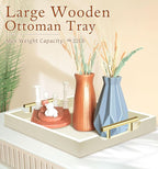 Coffee Table Tray - Large Ottoman Tray for Living Room - Wood Serving Trays with Handles(2 Sets) - Wooden Trays for Coffee Table, 4 Round Coasters Included, Off-White