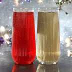 24 Pack Ribbed Origami Ripple Plastic Glasses, 12-9 Ounce Stemless Champagne Flutes & 12-12 Ounce Cups, BPA-Free Disposable Shatterproof Toasting Glasses for Weddings, Bars, and Events (Clear)