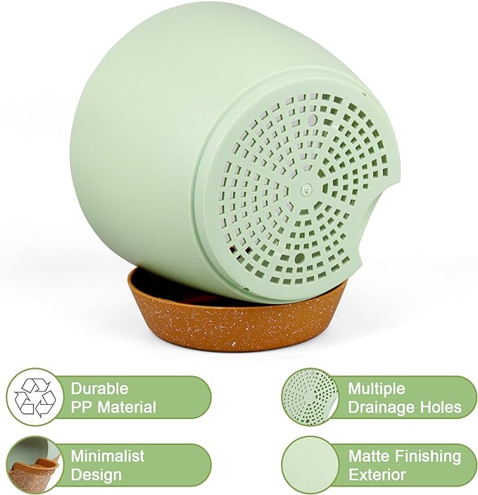 10/9/8 inch Self Watering Pots, Planter, Plant Pots with Mesh Drainage Holes for Indoor Outdoor Garden Plants, Plastic Flower Pots with Deep Reservoir for House Plants, Green with Brown