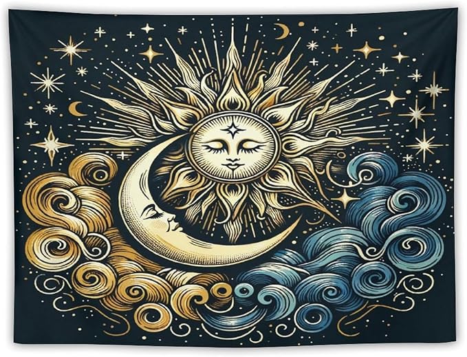 HZOHNAGO Sun Moon Tapestry Boho Golden Stars Pattern Printed Wall Tapestry Wall Hanging for Bedroom Living Room Dorm 40" W x 30" H