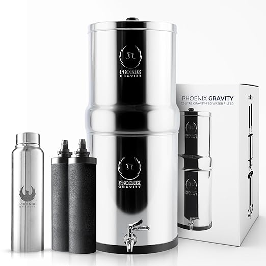 Gravity Water Filter System - 3.25 Gallons - NSF Certified - AISI 304 Stainless Steel Countertop Water Filter System with 2 Smart (Black) Carbon Filter Elements & Free Stainless Steel Water Spigot