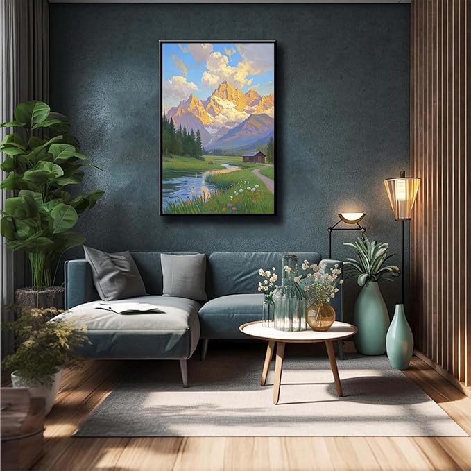 The mountain stream and lawn scenery under the sun is suitable for posting in the living room bedroom office landscape poster wall painting