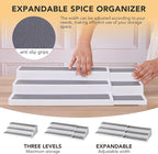 3 Tier Expandable Spice Rack Organizer, White/Grey Plastic Spice Rack, Adjustable Length 14.6In-25.8In, 2 Pack Non-Skid Tiered Spice Shelf Organizer for Kitchen Cabinet, Cupboard, Pantry