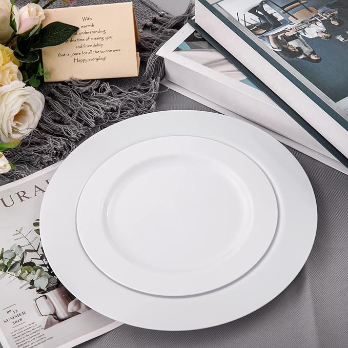 FLOWERCAT 60PCS White Plastic Plates - Heavy Duty White Disposable Plates for Birthday Party/Wedding -serve for 30 guests Include 30PCS 10.25" Dinner Plates & 30PCS 7.5" Dessert Plates for Party