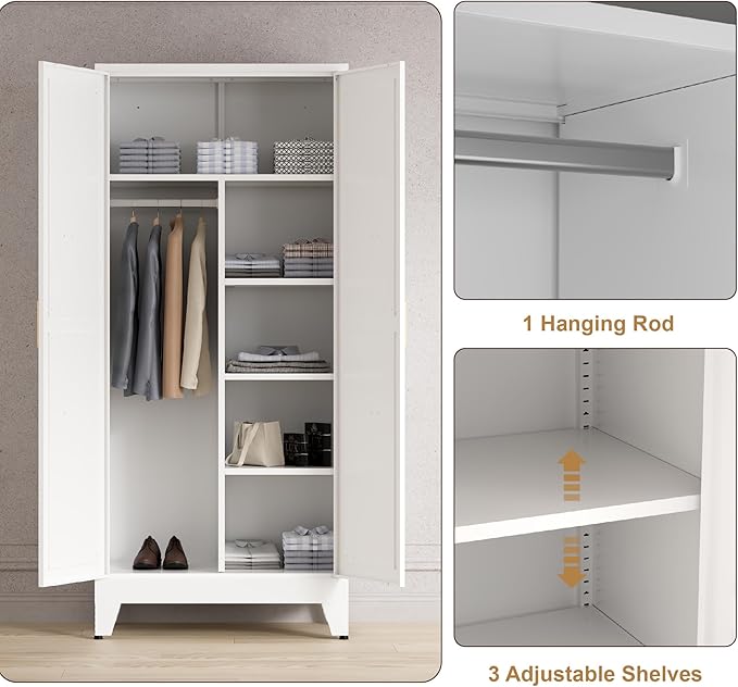 71'' Farmhouse Metal Wardrobe Cabinet with Hanging Rod, 2 Barn Door Wardrobe Closet with 5 Adjustable Shelves,Drawer,for Dining Room,Bedroom,Living Room, Cloak Room,Office (White)