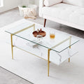 Rectangle Coffee Table for Living Room, Mid-Century Modern Design, L41 x W21 x H17, 2-Tier Structure, Clear Glass Top and White Marble Finish Wood Shelf, Conical Legs with Gold Finish