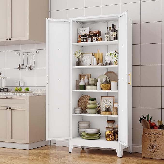 71" H Metal Kitchen Pantry Storage Cabinet, Freestanding Cupboard with 2 Doors and 4 Adjustable Shelves, Standing Storage for Kitchen, Bathroom, Garage, Dinning Room or Utility Room（White）
