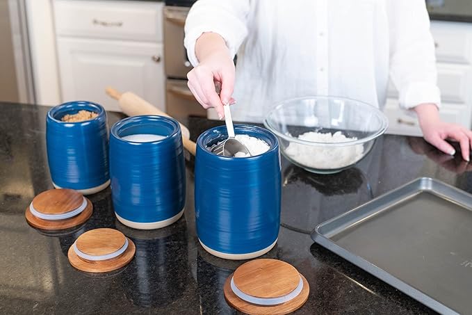 Nat & Jules Lidded Navy Blue 6 inch Ceramic and Wood Kitchen Canisters Set of 3