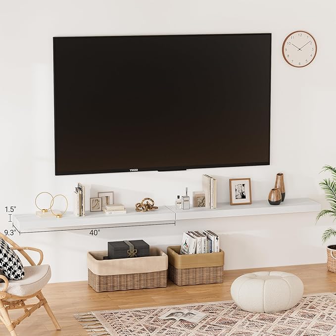 40 Inches Floating Shelves for Wall,9.3" Deep White Long Floating Shelves Set of 2,Large Display & Storage Shelf,Wall Shelf for Bathroom Bedroom Living Room Kitchen Office