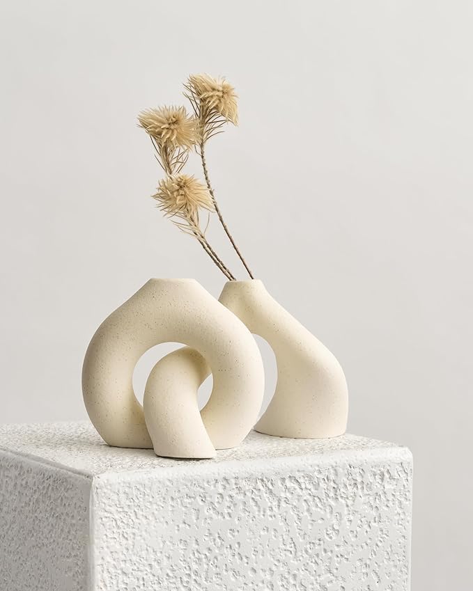 NOBULA White Ceramic Donut Vases – Modern Home Decor for Living Room, Bedroom & Table Centerpiece - Minimalist Nordic – Unique Vases for Olive Plant & Flowers – Decorative Coffee Table Vase Set of 2