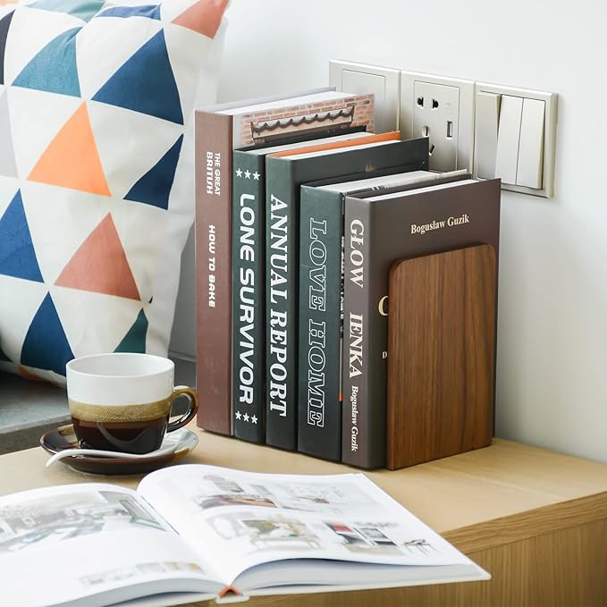 Large Bookend Hold Heavy Books- 7x4x5in 3 Pack Wood Bookends for Heavy Books Heavy Duty Walnut Book Ends for Men Wood Bookends for Office Desk Non-Skid