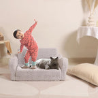 Kids Extra Wide Chairs for Toddler, 2-in-1 Toddler Soft Sherpa Couch Fold Out, Convertible Sofa to Lounger for Girls and Boys, Grey