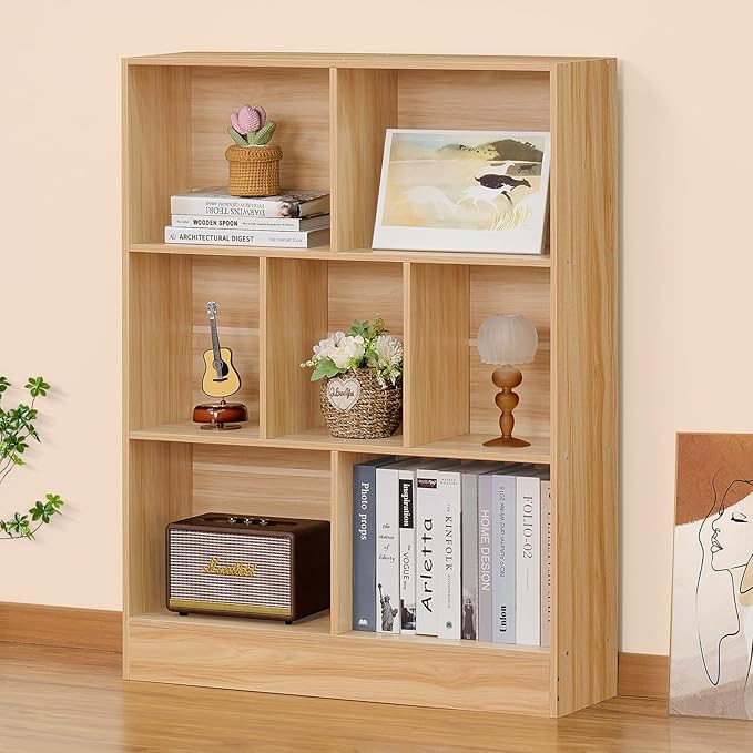LEYAOYAO 7 Cube Bookshelf with Base,3 Tier Mid-Century Modern Natural Bookcase,Standing Wide Bookshelves Storage Organizer Shelf,Rustic Wood Display Cabinet Book Shelves for Bedroom,Living Room,Office