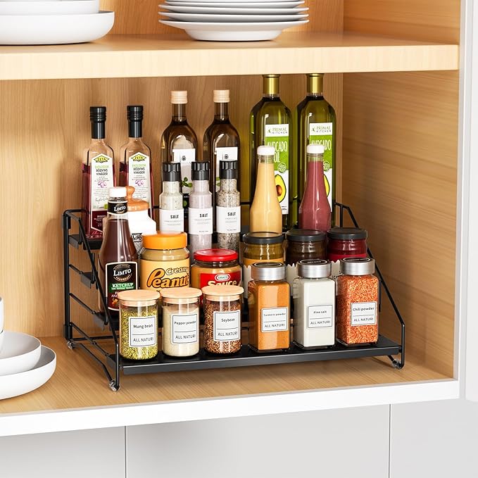 RCHYFEED Spice Rack Organizer for Cabinet Pantry,4 Tier Spice Rack Countertop, Depth Adjustable Spice Organization for Cabinet,Tierd Seasoning Organizer for Cabinet(Black, 1Pack)