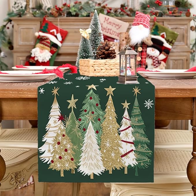 GEEORY Christmas Table Runner 13x120 Inch, Xmas Trees Snowflakes Holiday Decorative Farmhouse Table Decoration for Kitchen Dinning, Indoor Outdoor Dinner Party Decor (Green) GT152-120