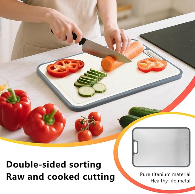 Titanium Cutting Board for Kitchen, Double Sided Cutting Boards for Meal Prep with Pure Titanium and Wheat Straw PP, Dishwasher Safe Chopping Board for Meat Vegetables Fruits, Large Size, 16”×11”