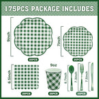 175 Pcs Green Gingham Plates and Napkins Party Supplies - Green and White Checkered Plates Sets Serve 25 Guests - Scalloped Gingham Paper Plate for Birthday Picnic BBQ Golf Party Decorations