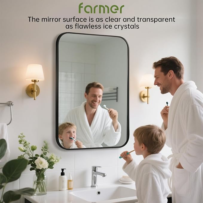 FARMER 20x30 Inch Black Bathroom Mirror, Rectangle Vanity Mirror, Brushed Mirrors for Wall, Metal Frame Hanging Mirror with Round Corner for Bedrooms, Entryways, Living Rooms, Horizontal/Vertical