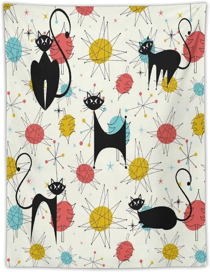 ICMOLYYENLO Abstract Cat Tapestry, Medieval Abstract Atomic Star Cat Vintage Home Wall Hanging Art Tapestry for Bedroom Living Room Dormitory 30x40 Inch
